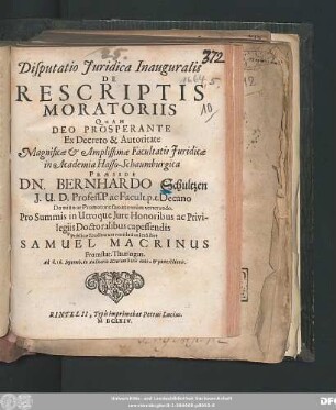 Disputatio Iuridica Inauguralis De Rescriptis Moratoriis