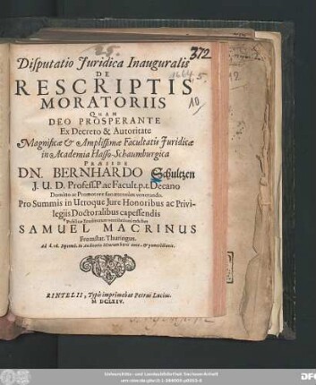 Disputatio Iuridica Inauguralis De Rescriptis Moratoriis