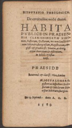 Disputatio Theologica. De certitudine verbi divini.