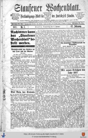42. Jg: Staufener Wochenblatt (1921 bis 1934 als Staufener Tagblatt)