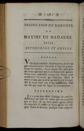 Traduction Du Dialogue De Maxime De Madaure Entre Sophronime Et Adélos.