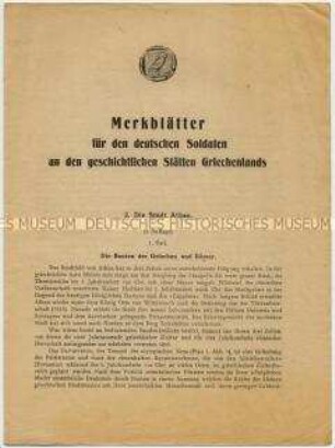 Informationsschrift für Wehrmachtssoldaten über die antiken Stätten im besetzten Griechenland