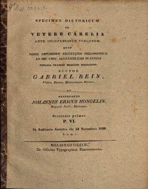 Specimen historicum de vetere Carelia ante occupationem Suecanam, Sect. prima, P. VI