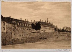 Blatt 29 aus "Dresdens Festungswerke im Jahre 1811" vor der Demolierung: Blick von der Seetorbrücke nach Südwesten auf die Häuser am Stadtgraben (heute Dr.-Külz-Ring)
