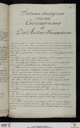Material- und Thesensammlung: Tentamen theologicum octavum Continuatio materiæ de Deo Auctore Sacramentorum