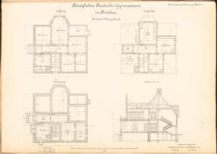 Friedrichs-Gymnasium, Breslau: Direktorenwohnhaus: Grundrisse EG, DG, KG, Schnitt 1:100