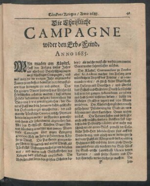 Die Christiche Campagne wider den Erb-Feind. Anno 1685.