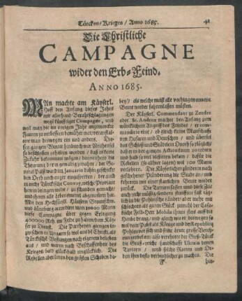 Die Christiche Campagne wider den Erb-Feind. Anno 1685.