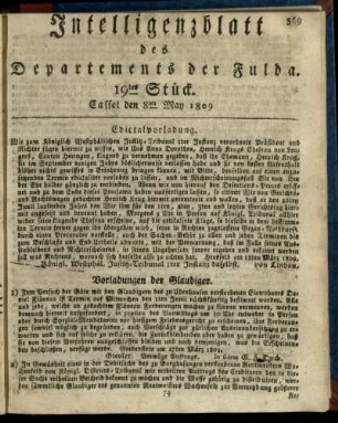 19tes Stueck, den 8ten May 1809