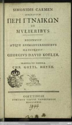Simonidis Carmen Inscriptum Peri Gynaikōn De Mulieribus