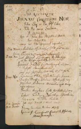 Winterhalbjahr 1711/1712. Rektorat Johann Christian Neu