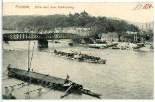 Meißen. Martinsberg,Brücke,Elbe m. anker.Lastkahn u. Dampfer
