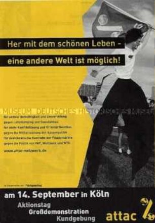 Propagandaschrift der Aktionsgruppe attac gegen die Globalisierung mit Aufruf zu einer Großkundgebung in Köln