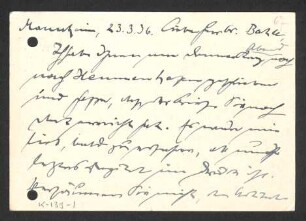 [Postkarte von Otto Selz an Julius Bahle vom 23. März 1936]