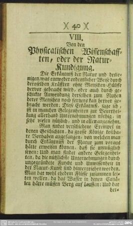VIII. Von den Physicalischen Wissenschaften, oder der Natur-Kundigung