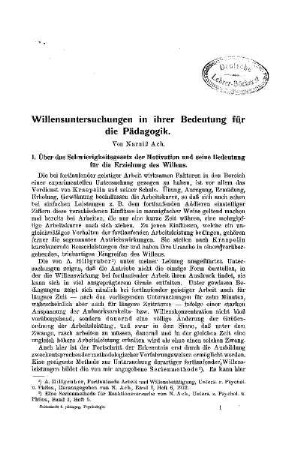 Willensuntersuchungen in ihrer Bedeutung für die Pädagogik