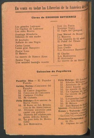 En venta en todas las librerias de la América del sur : Obras de Eduardo Gutierrez. Colección de payadores