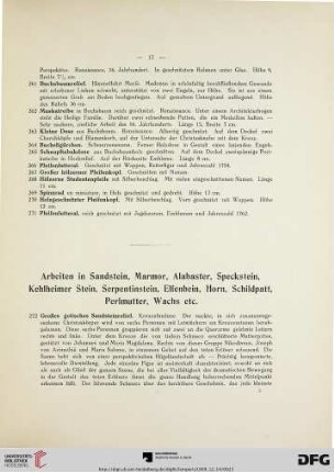 Arbeiten in Sandstein, Marmor, Alabaster, Speckstein, Kehlheimer Stein, Serpentinstein, Elfenbein, Horn, Schildpatt, Perlmutter, Wachst etc. (Nr. 272-319)