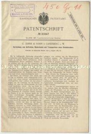 Patentschrift eines Vorrichtung zum Aufrichten, Niederlassen und Transportieren eines Strohelevators, Patent-Nr. 30847