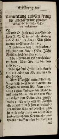Anmerckung und Erklärung der unbekannten und schweren Wörter/ die in etlichen Gesängen vorkommen.