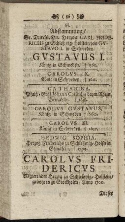 H. Abstammung/ Sr. Durchl. Hn. Herzog Carl Friderichs zu Schleßwig-Holstein von Gvstavo I. in Schweden