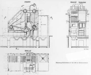 Höchstdruckdampfkessel: Steilrohrkessel für 100 at Betriebsdruck, Schnitt (Hanomag, Hannover) : Technikgeschichte | Maschinenbau | Kraftmaschinen | Dampfkesselalagen, Feuerungen