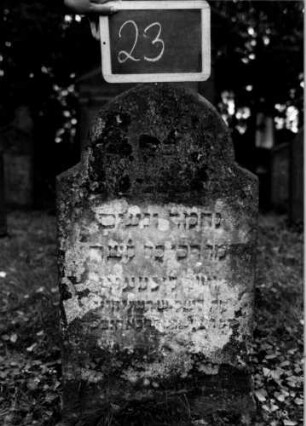 Grabstein 23 (Index: 100111050) Material: Sandstein Zustand: verwittert mit Textverlust Maße HxBxT: 84x48x12 cm Beschreibung: Stele, schräg eingezogener Rundbogenabschluß Besonderheit: Kindergrab: Grabstein 23