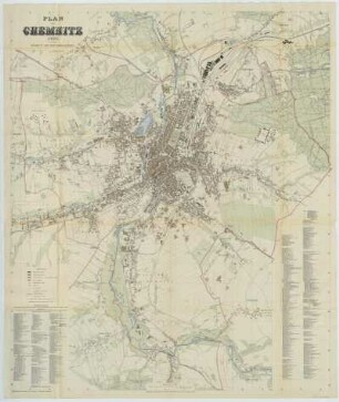 Plan von Chemnitz , 1: 10 000, Lithographie, 1903 : Plan von Chemnitz / bearb. v. Stadtbauamt. - 6. Aufl. - 1:10 000. - Leipzig : Giesecke u. Devrient, 1903. - 1 Kt. : mehrfarb. Lithogr. ; 82 x 98 cm +++ Mit Straßenverz. und Gebäudekennung