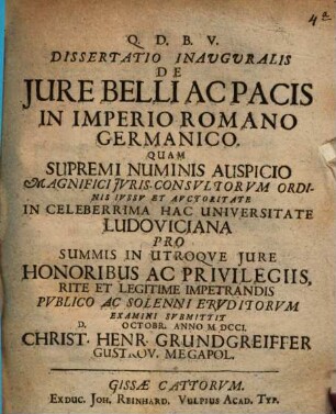 Dissertatio Inauguralis De Iure Belli Ac Pacis In Imperio Romano Germanico