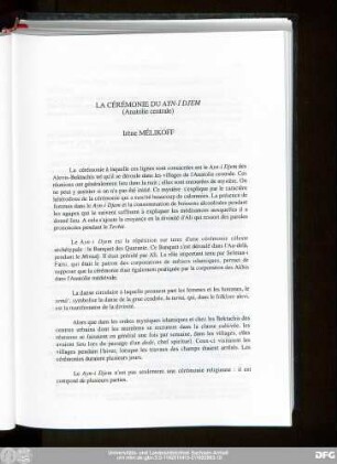La Cérémonie Du Ayn-ı Djem (Anatolie centrale) Irène Mélikoff
