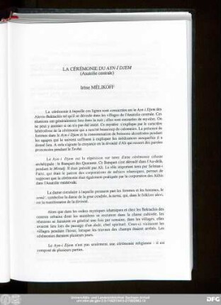 La Cérémonie Du Ayn-ı Djem (Anatolie centrale) Irène Mélikoff