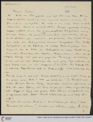 Nachlass Gustav Radbruch. Korrespondenz Hermann Kantorowicz/Gustav Radbruch: Brief von Hermann Kantorowicz an Gustav Radbruch