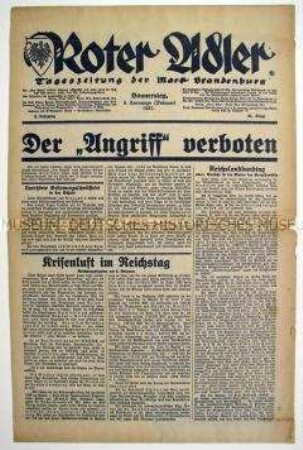 Regionale NSDAP-Tageszeitung "Roter Adler" zum Verbot der NS-Zeitung "Der Angriff" durch den Berliner Polizeipräsidenten
