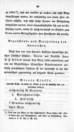 Gegenstände und Vertheilung des Unterrichts