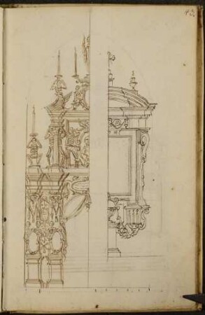 Entwurf eines Epitaphs (rechts) und eines Tores (links) für die Funeralien des litauer Feldherren Wincenty Korwin Gosiewski 1665 in St. Kasimir in Wilno