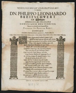 Philippo Leonhardo Breitschwert ab Ehningen feliciter in patriam reduci Gratulabundus applaudit Georg Conradus Bardili