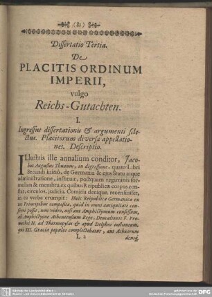 Dissertatio Tertia. De Placitis Ordinum Imperii, vulgo Reichs-Gutachten