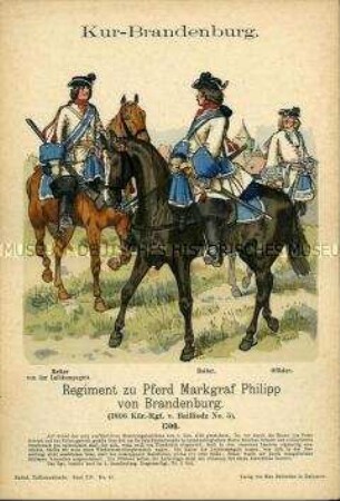 Uniformdarstellung, Reiter und Offizier des Kürassier-Regiments K 5, Brandenburg-Preußen, 1700.