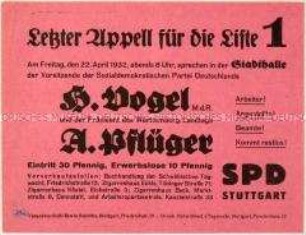 Aufruf der SPD zu einer Veranstaltung am 22. April 1932 in Stuttgart zur bevorstehenden württembergischen Landtagswahl