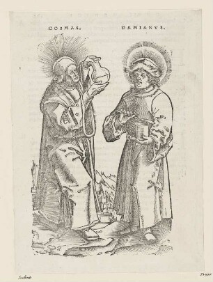 Heiligen Cosmas und Damian, aus: Petri Andreae Matthioli, "Commentarii in sex libros Pedacii Dioscoridis Anazarbei de Medica materia", Venedig 1569