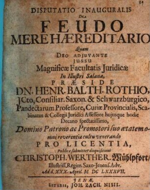 Disputatio Inauguralis De Feudo Mere Haereditario