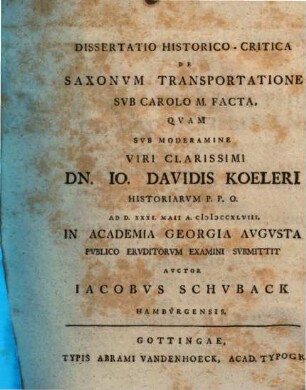 Dissertatio Historico-Critica De Saxonvm Transportatione Svb Carolo M. Facta