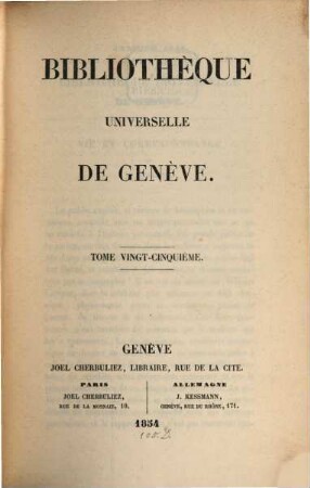 Bibliothèque universelle de Genève. 25. 1854