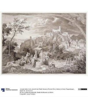 Ansicht der Stadt Olevano (Provinz Rom, Italien) mit dem Regenbogen