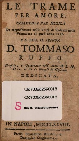 Le trame per amore : Commedia per musica