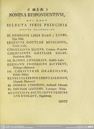 Nomina Respondentium Qui Haec Selecta Iuris Principia Publice Defenderunt