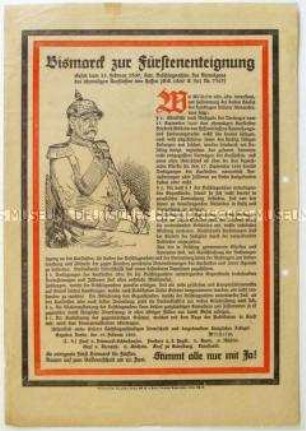 Flugblatt der SPD mit dem Abdruck eines preußischen Enteignungsgesetzes von 1869 und Aufruf zur Abstimmung für die Fürstenenteignung beim Volksentscheid 1926