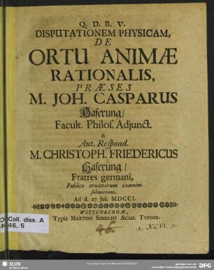 Disputationem Physicam De Ortu Animae Rationalis