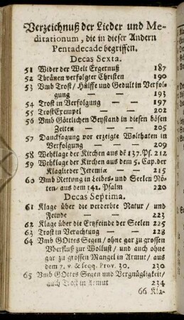 Verzeichnuß der Lieder und Meditationum, die in dieser Andern Pentadecade begriffen.