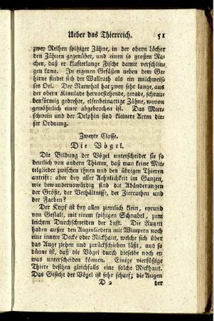 Zweyte Klasse. Die Vögel